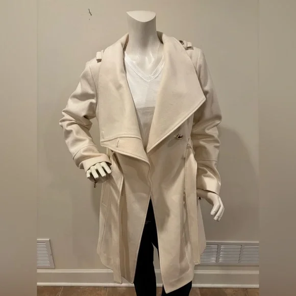 Guess Wool Blend Asymmetrical Cream Colored Wrap Coat, Size XL - Picture 3 of 16